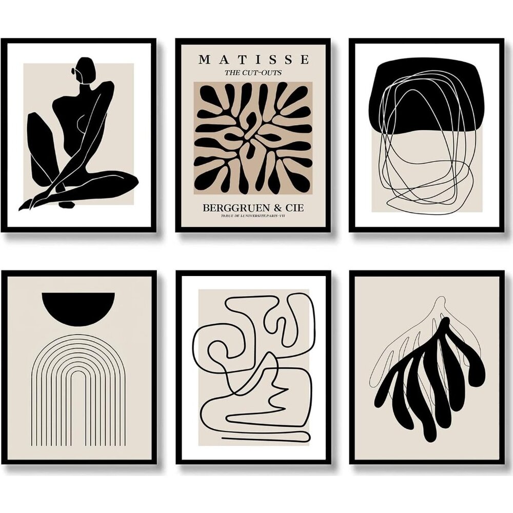 Boho Wall Art Mid Century Modern Decor Canvas Prints Set of 6 Black And White Ne